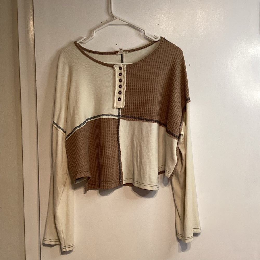 Pol Patchwork Long Sleeve Top - Cream and Brown size small